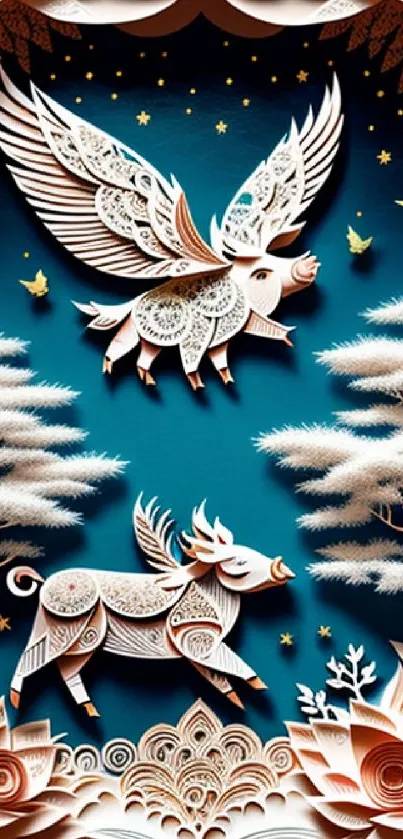 Fantasy-themed wallpaper with intricate paper art and teal background.