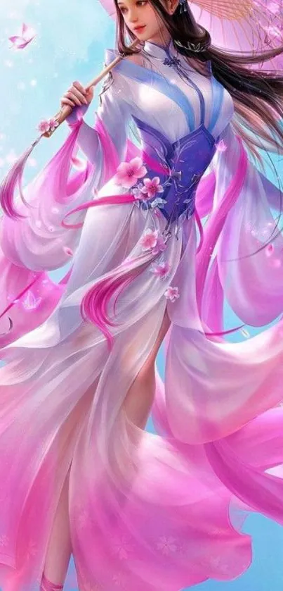 Anime character in flowing pink and white attire with serene blue background.