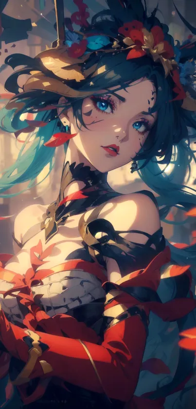 Enchanting anime girl with vibrant red and teal tones in a fantasy setting.