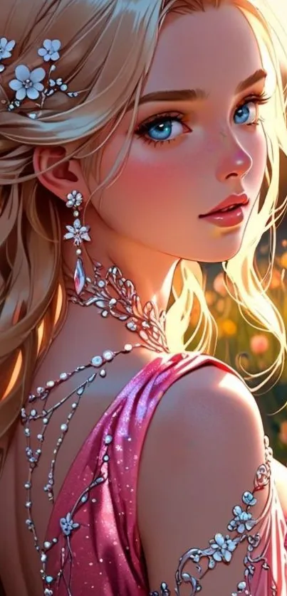 Anime princess with flowers in hair, pink gown, and dreamy background.
