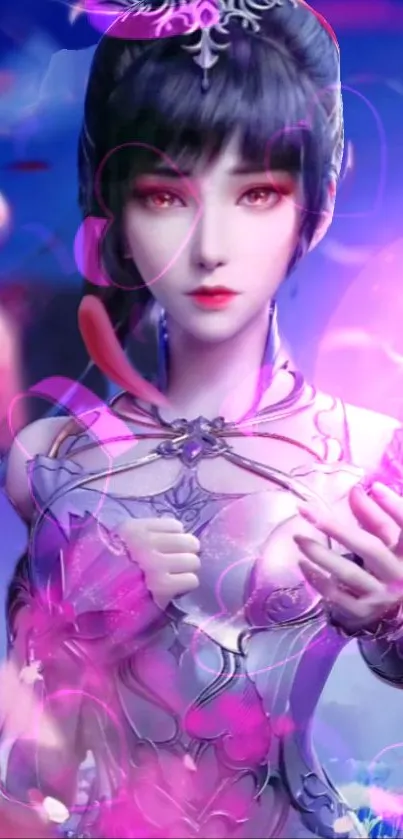 Elegant anime character with vibrant pink hues in a fantasy setting.