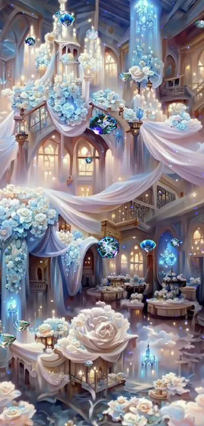 Luxurious fantasy interior with chandeliers and flowers in blue hues.