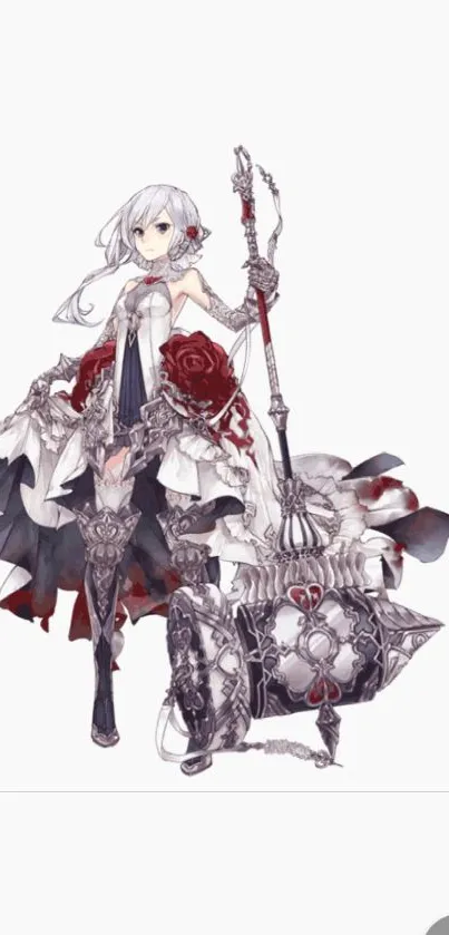 Fantasy character in white dress and silver armor with red accents.