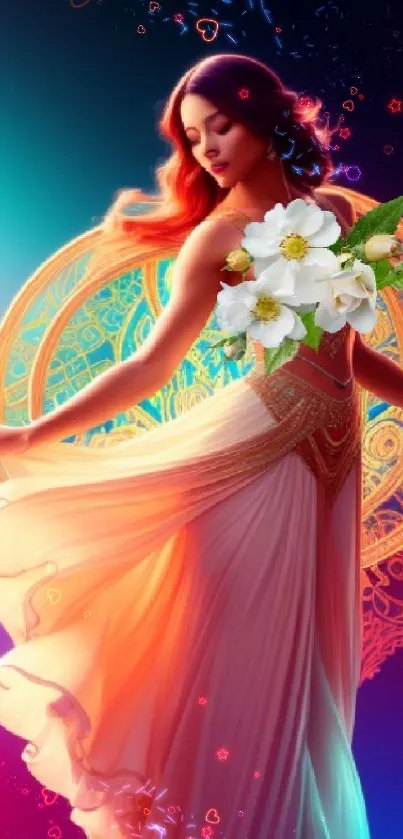 Fantasy art wallpaper with an elegant woman in a flowy dress against a vibrant backdrop.