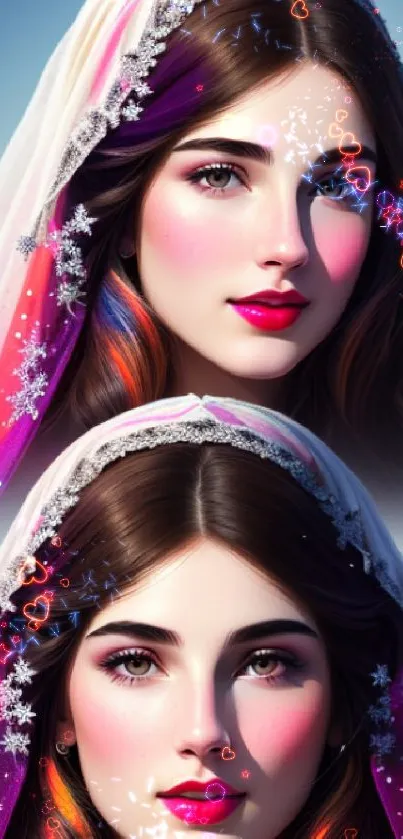 Fantasy art portrait of a woman with a colorful veil in HD.