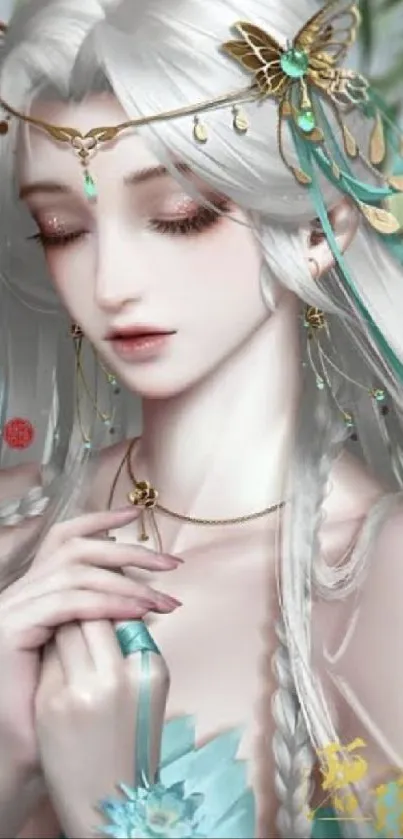 Fantasy art portrait with elegant jewelry and sky blue hues.