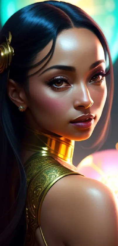 Elegant fantasy art portrait with vibrant colors on mobile wallpaper.