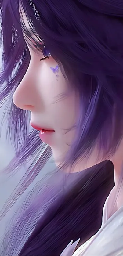 Ethereal character with purple hair in a fantasy art wallpaper.