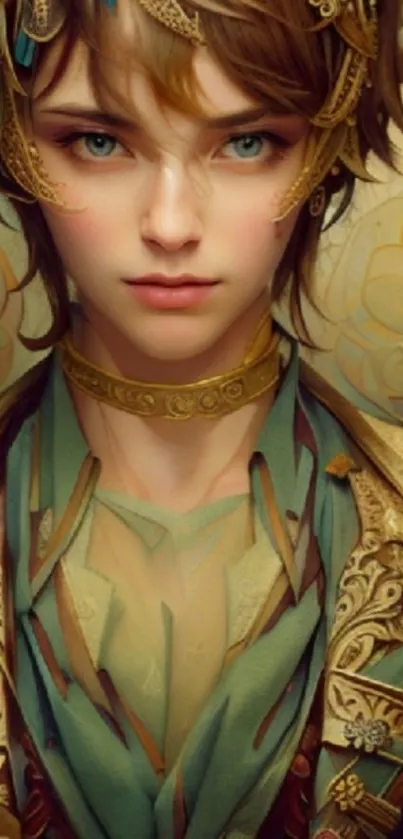 Elegant fantasy art portrait mobile wallpaper with intricate golden details.