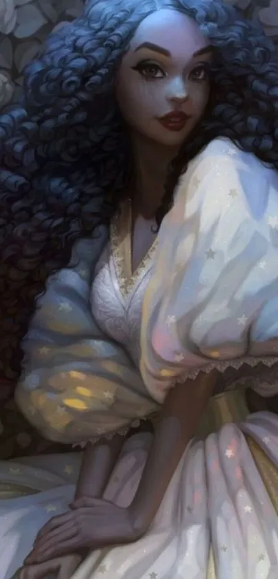 Fantasy art of a mystical woman in a starry dress, elegant and captivating.