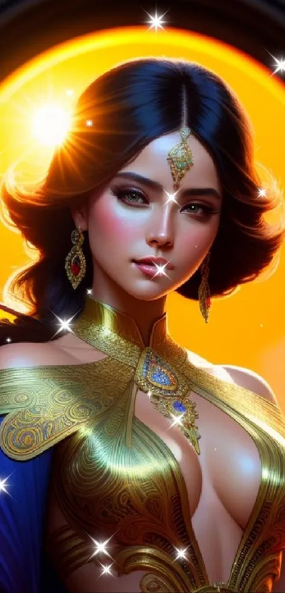 Elegant fantasy art portrait with sunset background and intricate jewelry.