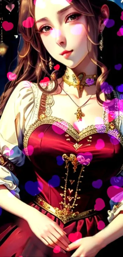 Elegant fantasy portrait of a woman with heart decorations.