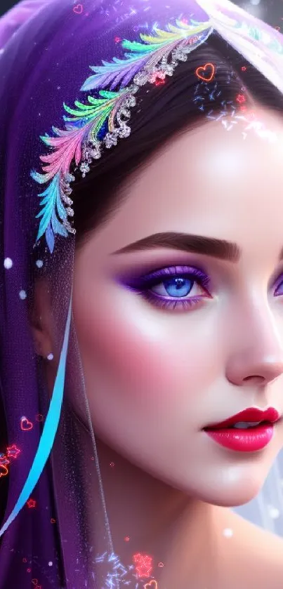 Elegant fantasy art portrait with jeweled headpiece on a purple background.