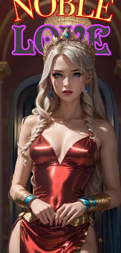 Fantasy art of a princess in red gown with crown and jewelry.