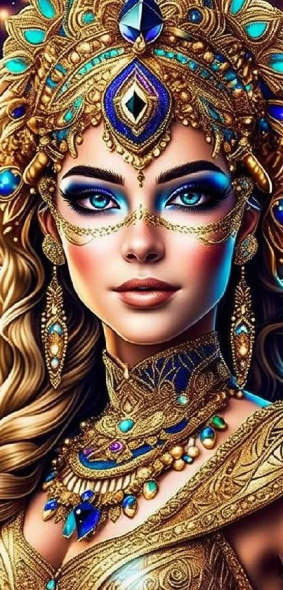 Golden adorned woman with intricate jewelry and vibrant gems in fantasy art.