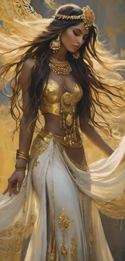 Elegant woman in golden fantasy attire.