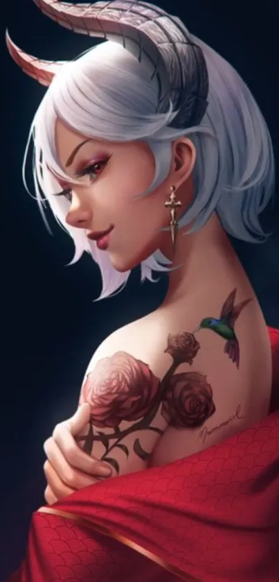 Elegant fantasy character with red shawl and tattoos on mobile wallpaper.