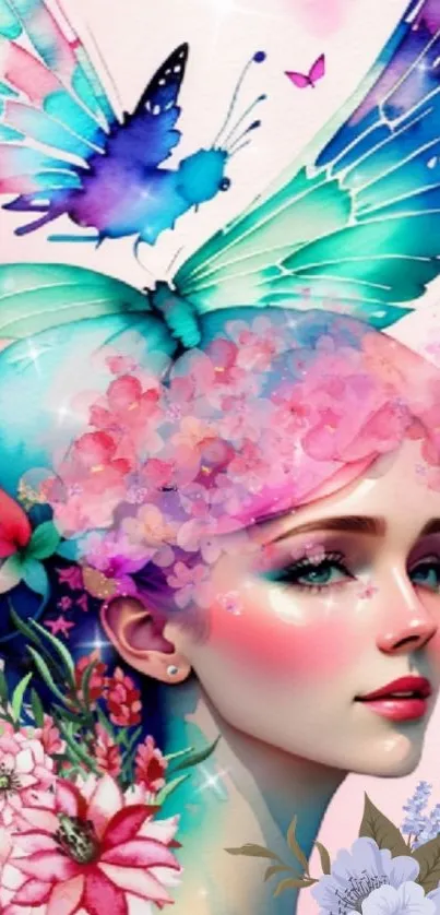 Fantasy girl illustration with colorful flowers and butterfly wings.