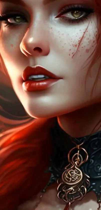 Fantasy art wallpaper of a red-haired woman with freckles and intricate jewelry.