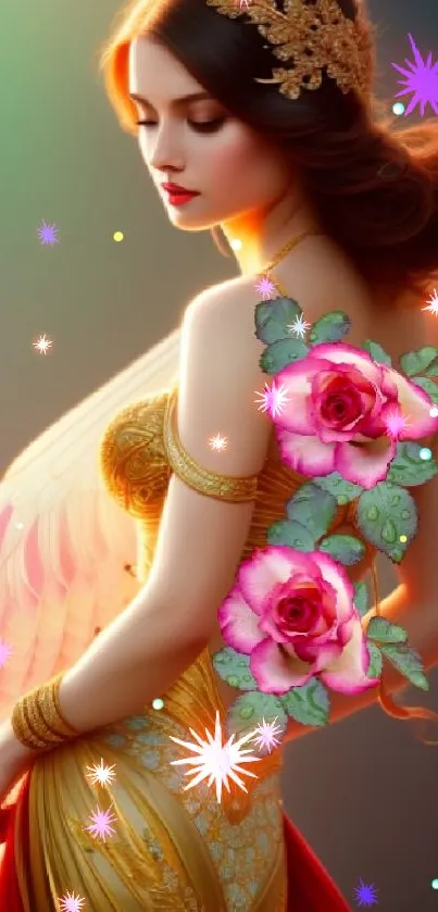 Fantasy woman with golden dress and roses in colorful background.