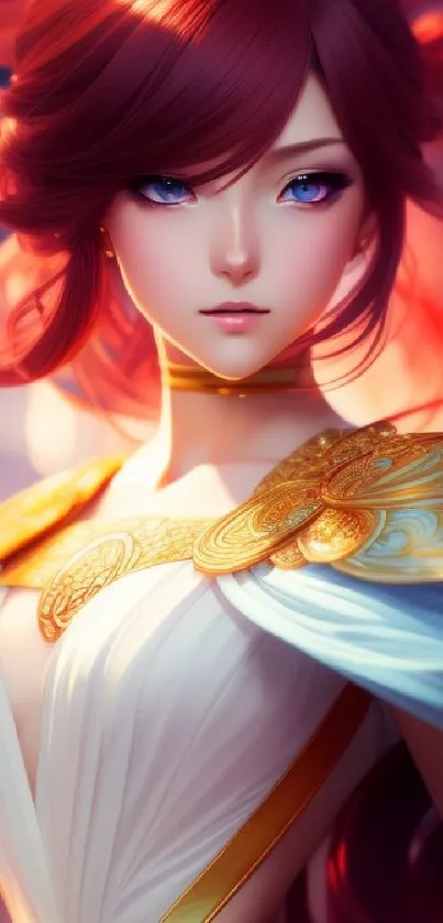 Fantasy art wallpaper of a mythical woman with red hair and golden armor.