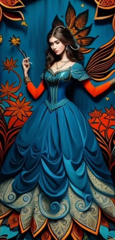 Elegant woman in a blue gown with vibrant floral background.