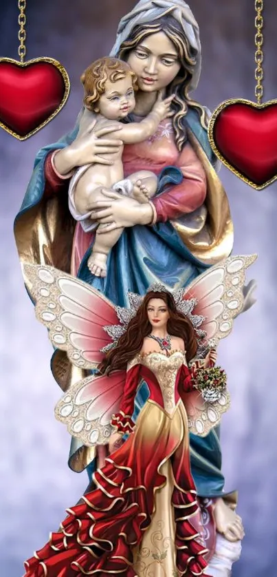 Fantasy art wallpaper with fairy and mother-child sculpture.