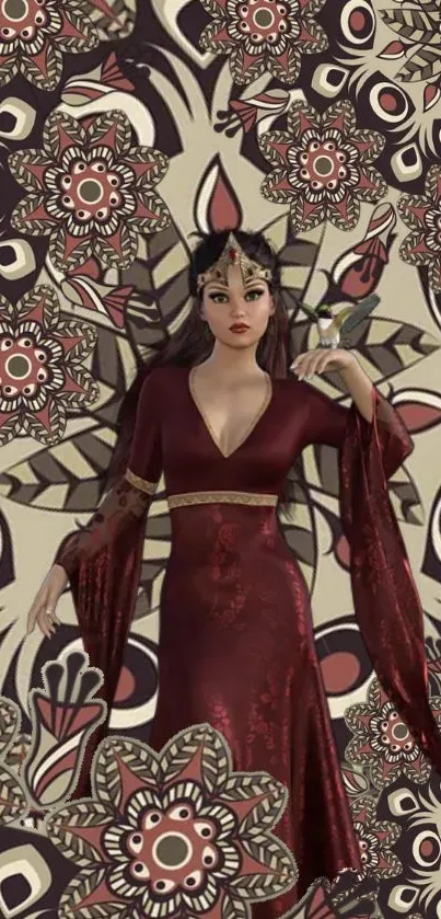 Mystical woman in burgundy dress with floral backdrop.