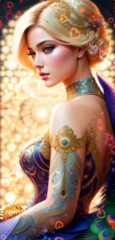 Fantasy art of elegant woman with peacock attire and golden background