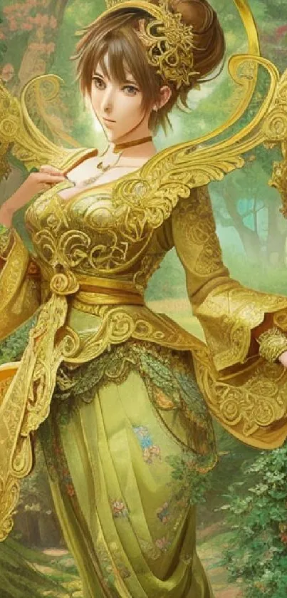 Elegant character in golden attire with fantasy background.