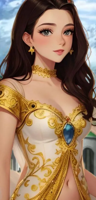 A digital artwork of an elegant woman in ornate golden attire with a fantasy background.