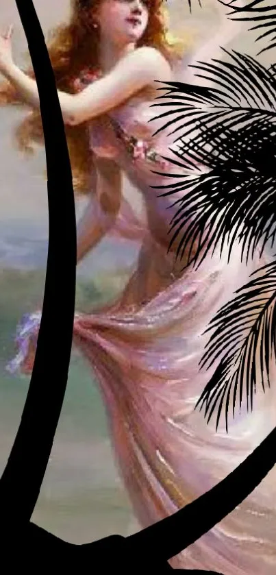 Fantasy woman in pink with palm silhouettes.