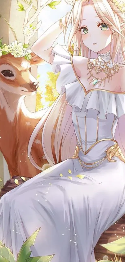 Fantasy art of elegant lady with deer and nature elements.