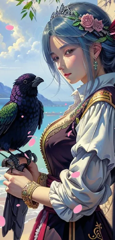 Fantasy art wallpaper with a woman and bird by the seaside.