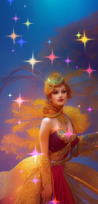 Elegant woman in a vibrant and mystical fantasy setting with feathers and ornate dress.