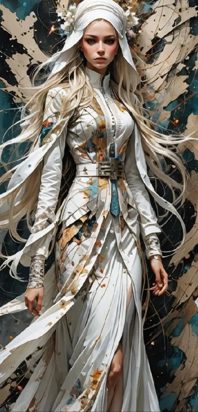 Elegant fantasy artwork with detailed gown and ethereal figure.