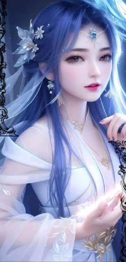 Fantasy artwork of a woman in blue with ethereal details.