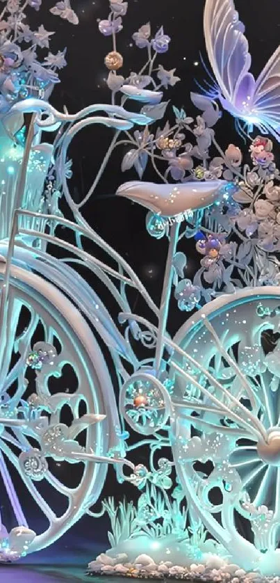 Elegant bicycle with butterfly and floral art design in cool blue tones.