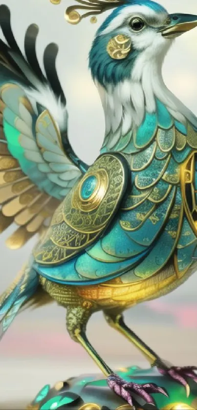 Fantasy bird with teal and gold accents in a detailed artistic design.