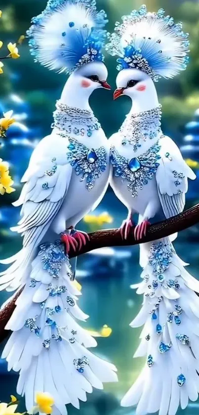 Elegant fantasy birds with jewels on a branch.