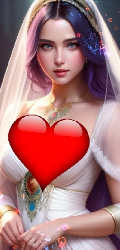 Fantasy bride with purple hair in elegant attire.