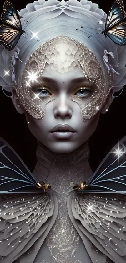 Fantasy art portrait with butterflies and lace design.