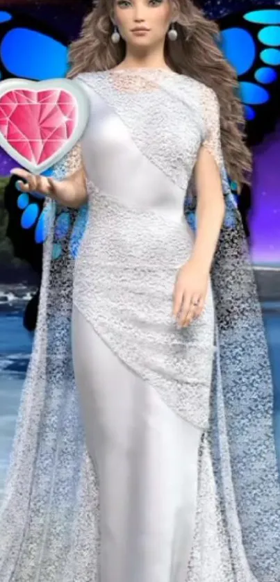 Woman in white dress with butterfly wings holding a gem heart on a beach.