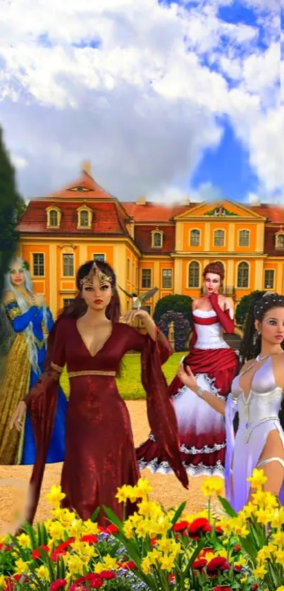 Four women in vibrant dresses stand before a majestic yellow castle.