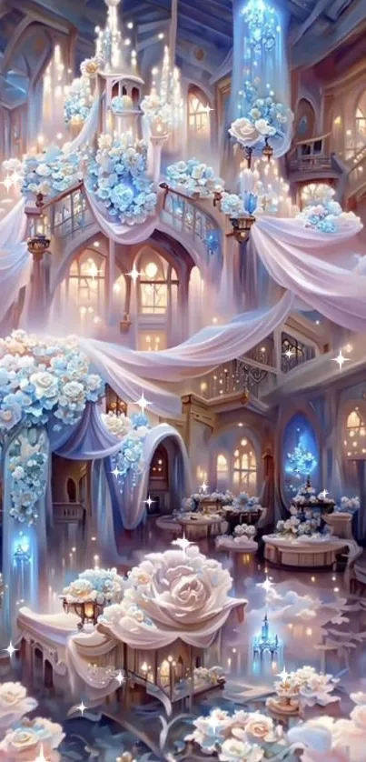 Elegant fantasy castle with chandeliers and blue roses.