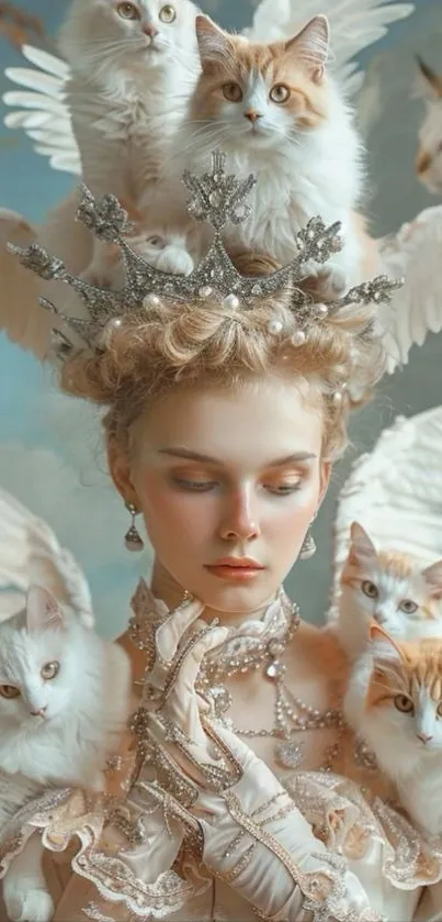 Fantasy queen adorned with cats and wings.