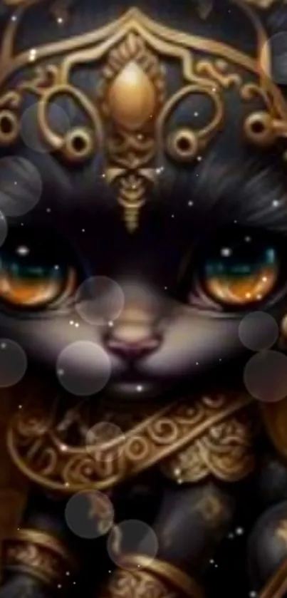 Elegant fantasy cat with gold accents and intricate details in a mystical design.