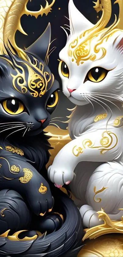 Two stylized cats with gold accents.