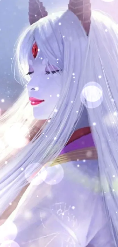 Fantasy character with white hair and horns in a mystical setting.