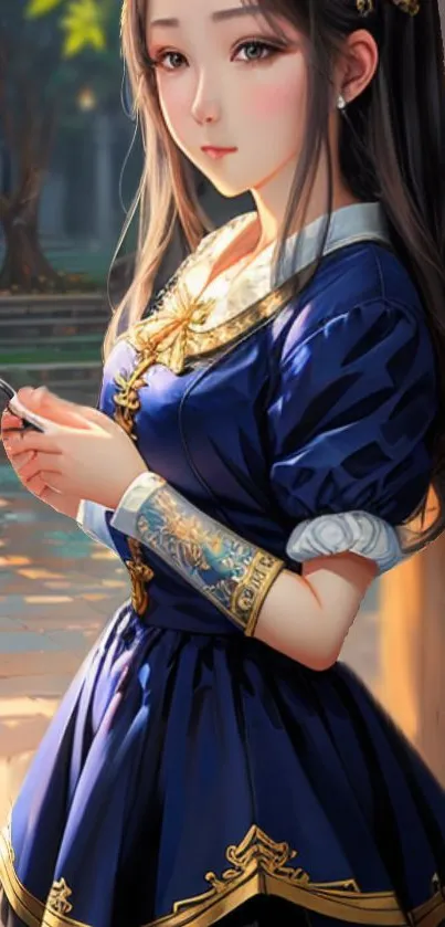 Fantasy character with dark blue dress in medieval setting.